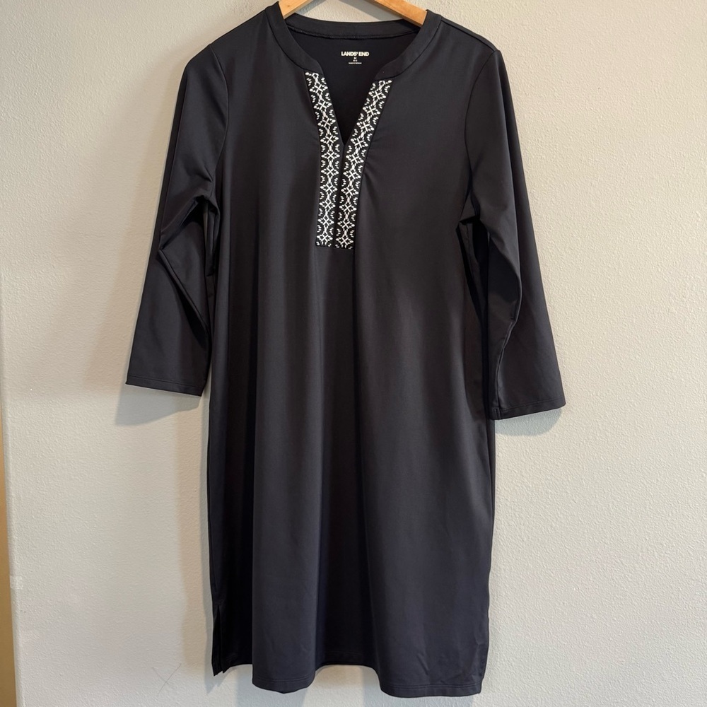 Lands end Tunic Dress Swim Coverup Resortwear Beach 3/4 Sleeve Embroidered M